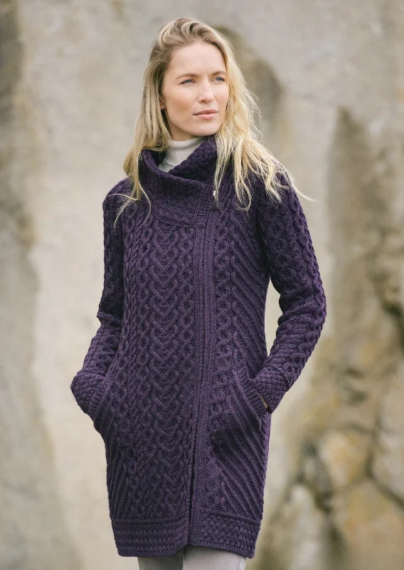 Aran Crafts Heart Design Hooded Coat | Plum